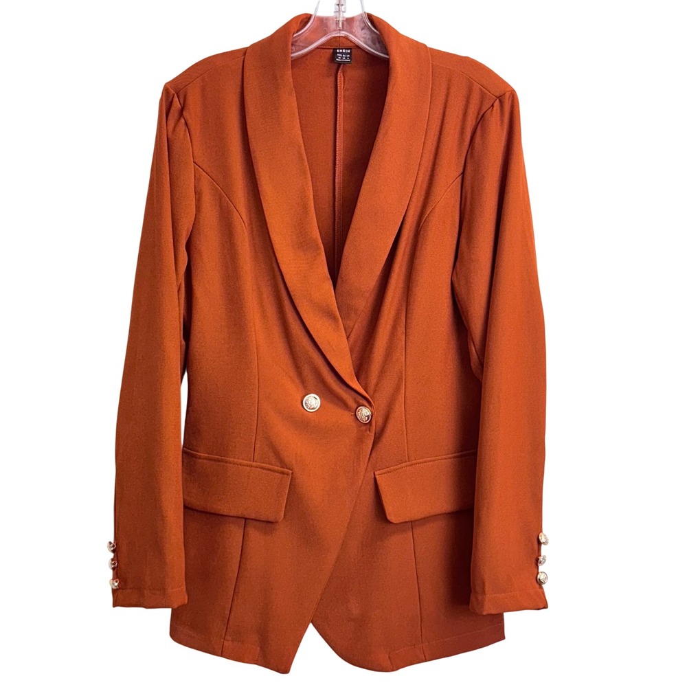 SHEIN Women Burnt Orange Double Breasted‎ Shawl Lapel Blazer Gold Buttons Size M